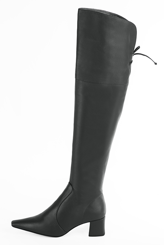 Dark grey women's leather thigh-high boots. Tapered toe. Medium block heels. Made to measure. Profile view - Florence KOOIJMAN